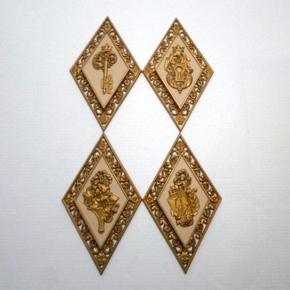 Vintage Dart Industries HOMCO Set 4 Gold Diamond Shaped Wall Hanging Decor - Picture 1 of 9